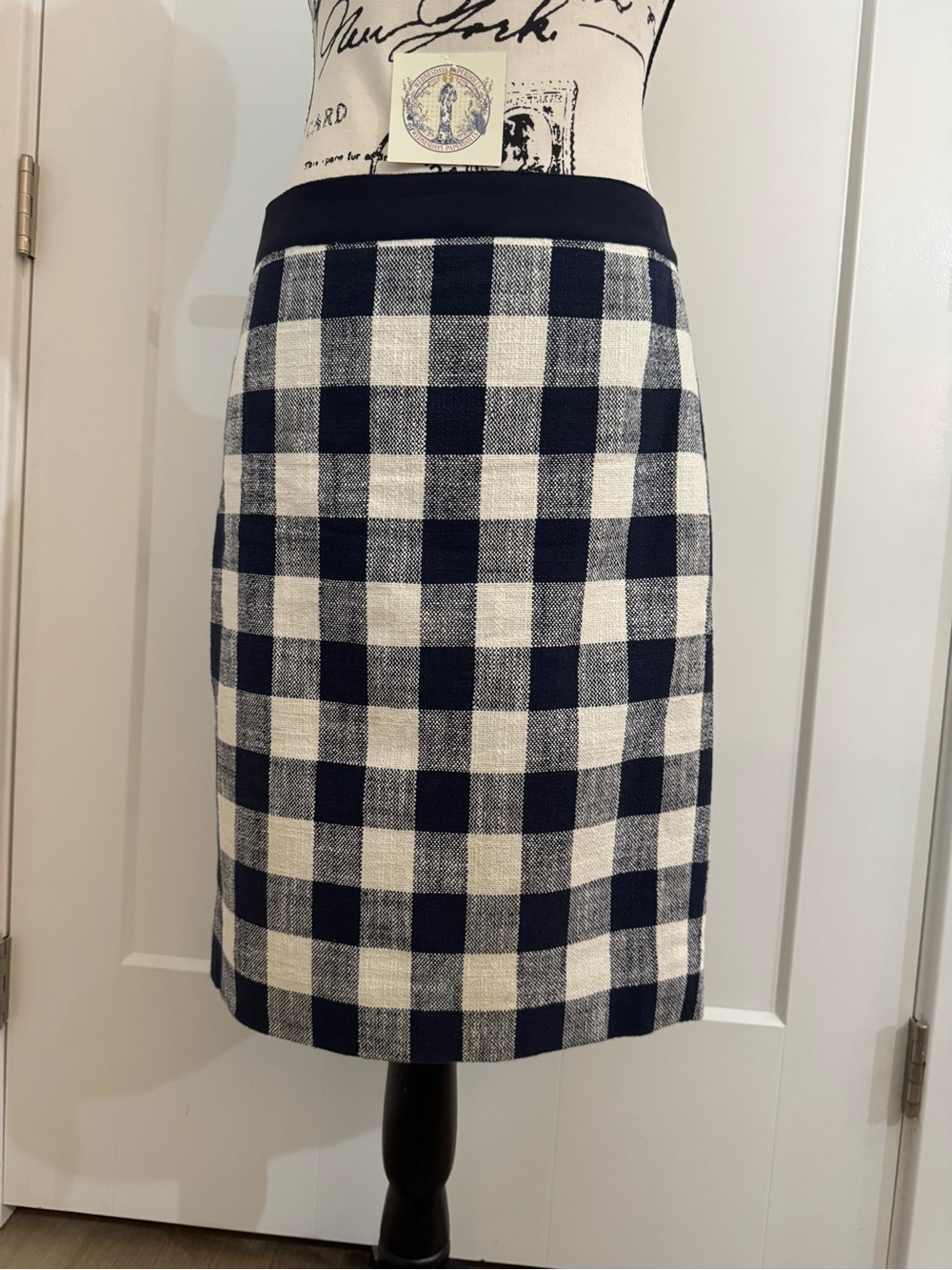 J. Crew Navy and White Gingham Plaid navy & Ivory Pencil Skirt